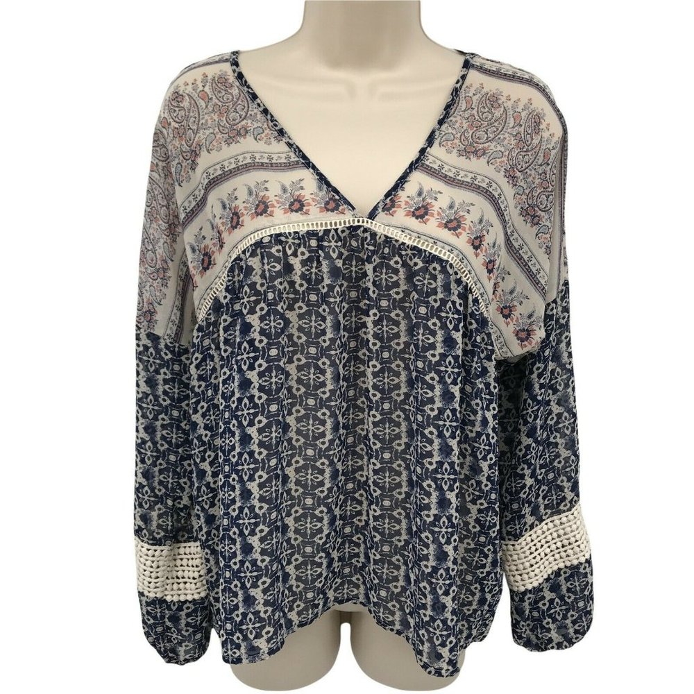 Maurices Paisley Boho Sheer Strappy Blue Blouse  S